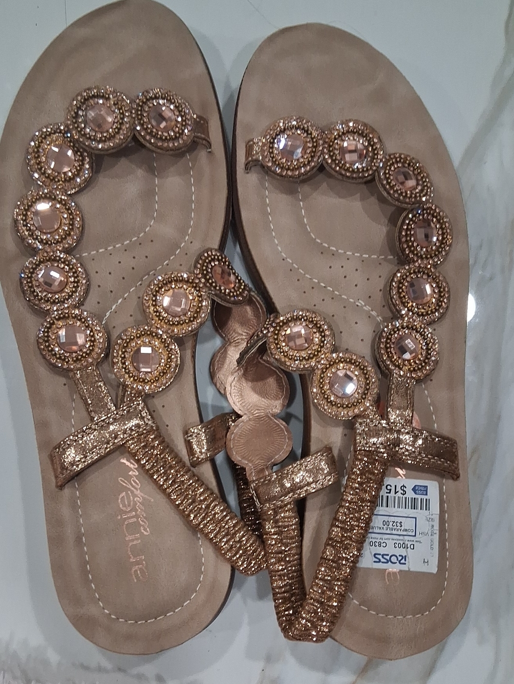 Embellished Women's Rose Gold Thong Sandals
